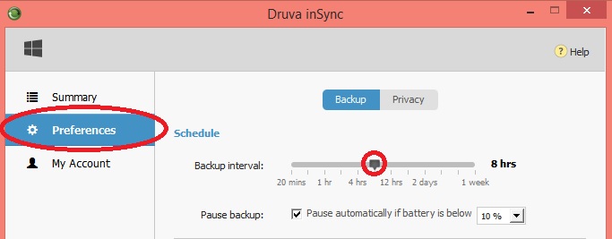 inSync Backup Interval Change backup interval using the Preference tab